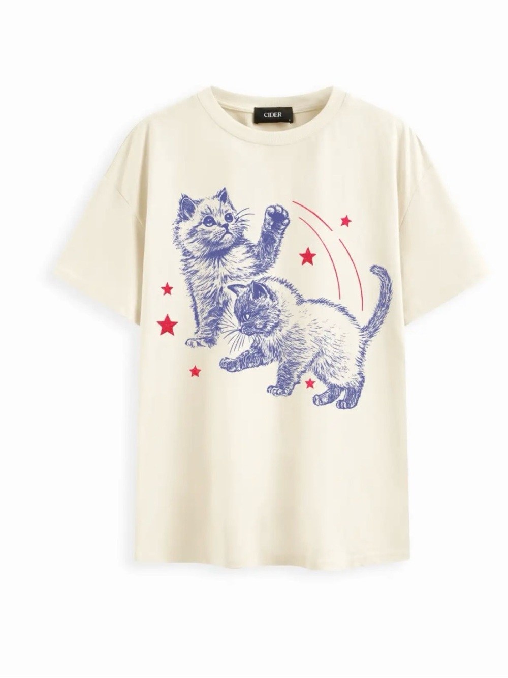 Cider Cream Cat Graphic Tee with Blue & Red Print NWT